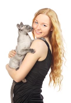 beautiful girl with cat, isolated on white