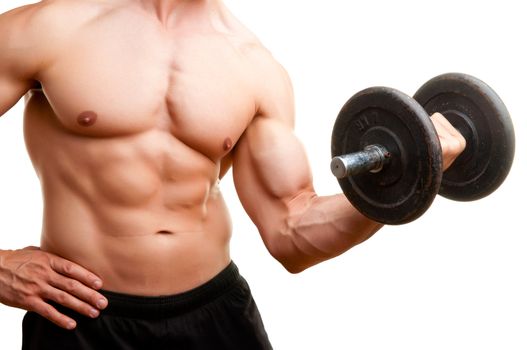 Personal Trainer doing standing dumbbell curls for training his biceps, isolated in white