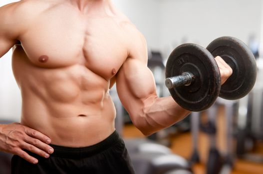 Personal Trainer doing standing dumbbell curls for training his biceps, in a gym