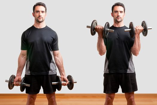 Personal Trainer doing standing dumbbell curls for training his biceps