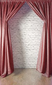 Red curtain and whte brick wall. illustration