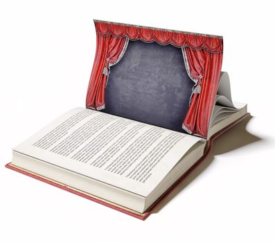 Theater stage with red curtains on the book page (illustrated concept)