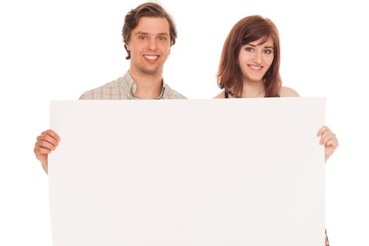 Caucasian couple with blank papers in their hands over white background