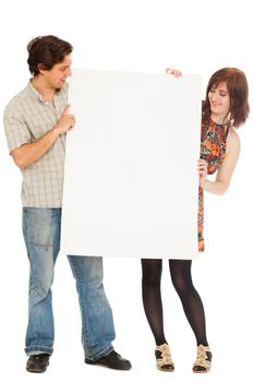 Caucasian couple with blank papers in their hands over white background