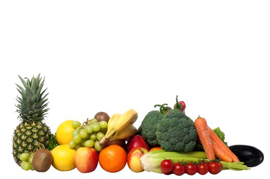 Fresh fruits and vegetables against white