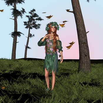 3D digital render of a beautiful spring girl with butterflies in the woodland