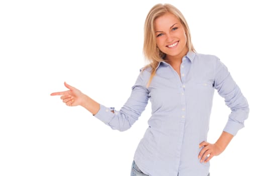 Young blond caucasian woman smiling over white background