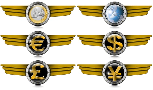 4 currency symbols euro pound dollar yen and globe with Metal Wings
