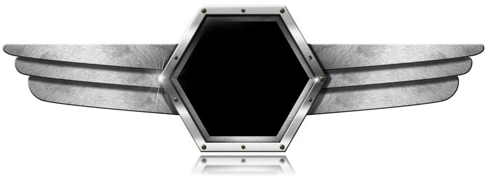 Dark gray hexagonal porthole with screws and metal wings on white background
