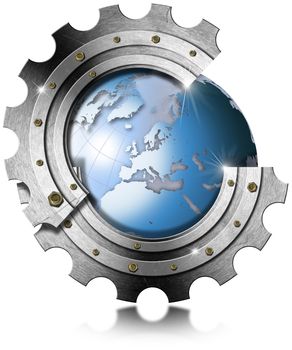 Illustration with open cogwheel and inside blue Earth globe
