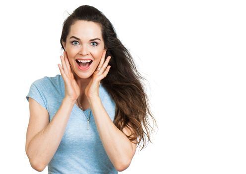 Portrait of a beautiful happy surprised woman.  Isolated on white with room for text.