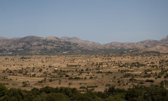 View of the fertile Lassithi Plateau in Crete, Greece.