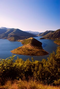 high view of Kardjali lake, Bulgaria at sunset