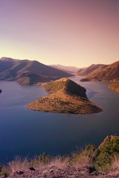 high view of Kardjali lake, Bulgaria at sunset