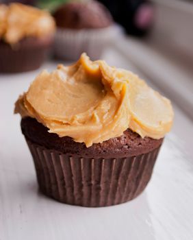 delicious homemade cupcakes with peanut butter icing