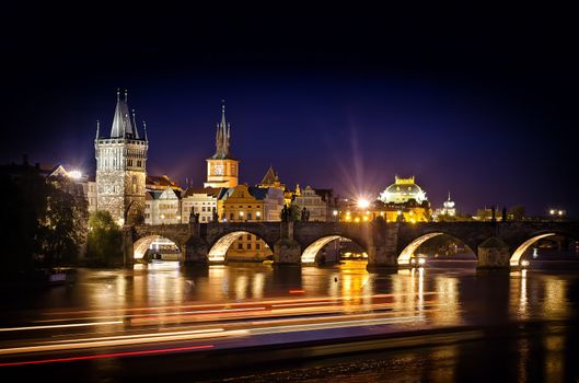 Prague, Czech Republic. Night photo of Charles Bridge and historical buildings