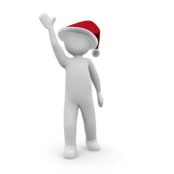 A 3d character in a santa costume waving to us.