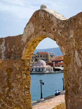 The view from the battlements of the old fortress on the sea and the harbor of Chania. Crete, Greece .