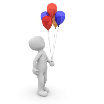 A child looks at his red and blue balloons.