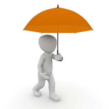 A 3D character protects himself with an orange umbrella from the rain.