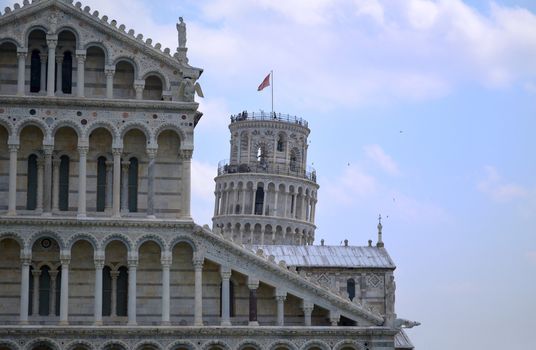 Top of leaning tower of Pisa behind the Cathedral, with copyspace