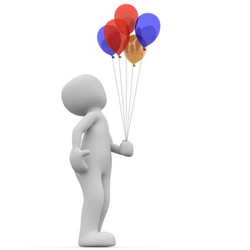 A child holds his red and blue balloons firmly in hand.