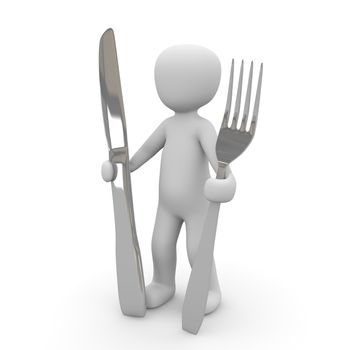 3D character holding a knife and fork in his hands which are Gosser than himself.