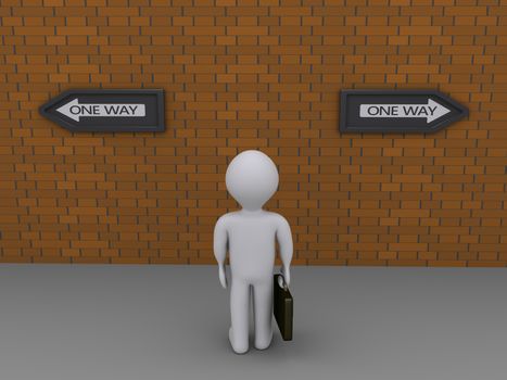 3d businessman is looking at signs pointing at different directions