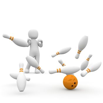 A successful 3D character throws all cone around the bowling.