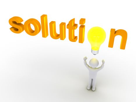 3d light bulb replacing letter of "solution" word and a person below it