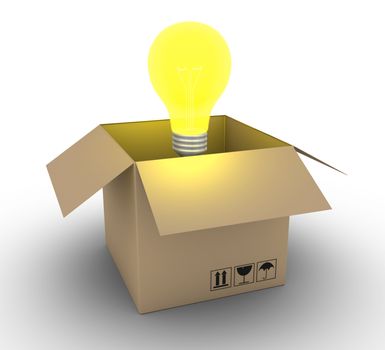 3d light bulb coming out of a carton box