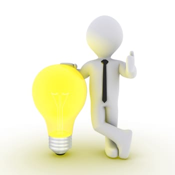 3d businessman leaning on a light bulb beside him