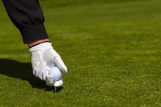 A close up of a golfer with a white glove placing a ball on a tee 