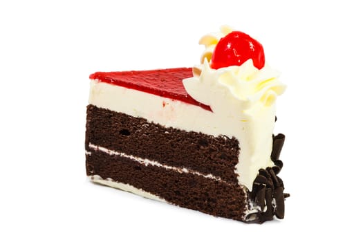 Chocolate cake cake garnished with cream and cherry