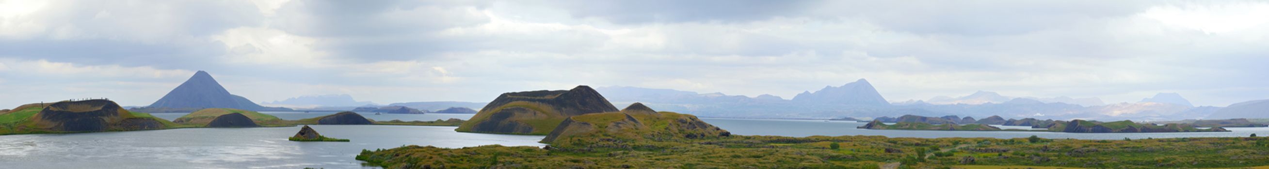 Iceland landscape at summer cloudy day. Mountain lake Myvatn. Panorama