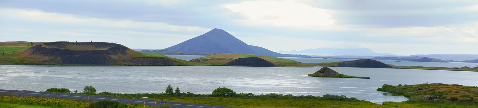 Iceland landscape at summer cloudy day. Mountain lake Myvatn. Panorama