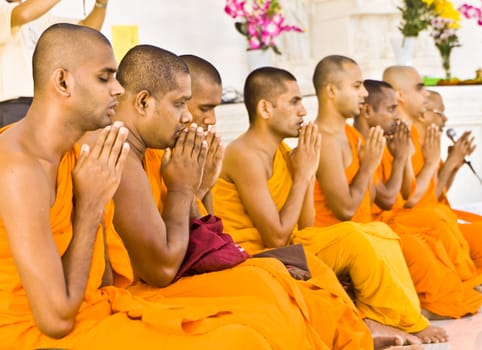 A group of monks chanting and giving blessings