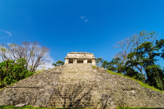 Looking up the steps of an ancient Mayan temple at Palenque, Mexico