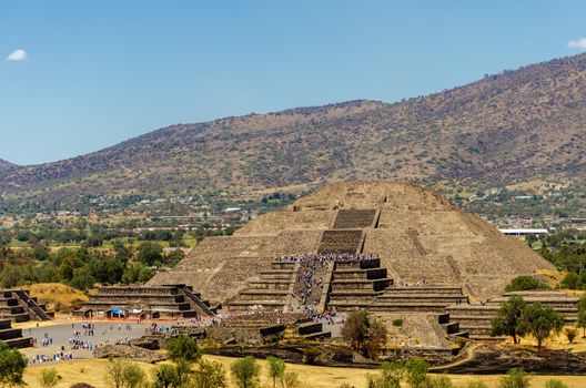 Temple of the Moon at Teotihuacan near Mexico City with crowds of tourists