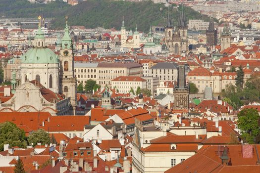 czech republic, prague - spires of the old town over mala strana rooftops