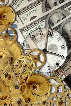 Business concept. Gears near magnifying glass and clock on background with money