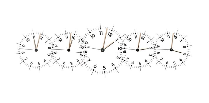 Time concept. Few clock faces from eleven to three hours on white background