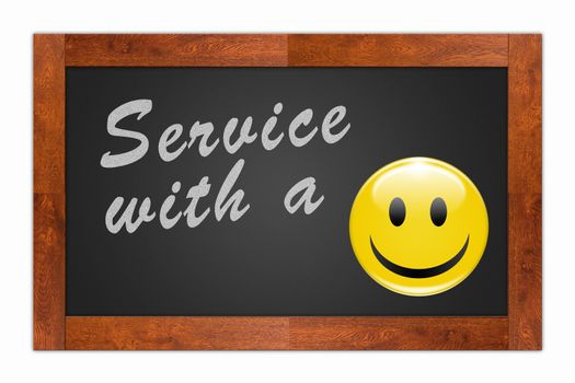 "Service with a Smile" written with chalk on a wooden frame blackboard