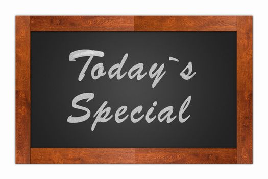 Today`s special written with chalk on a isolated blackboard with wooden frame