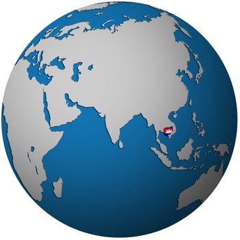 isolated over white territory of cambodia with flag on globe map