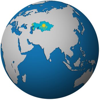 isolated over white territory of kazakhstan with flag on globe map