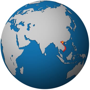 isolated over white territory of vietnam with flag on globe map