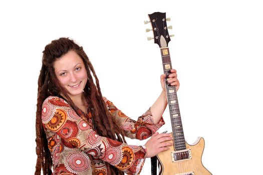 happy girl with dreadlocks and guitar posing