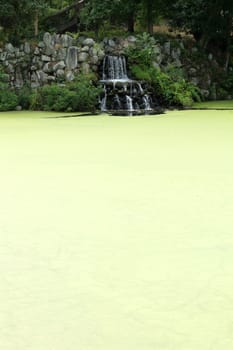 A waterfall on a algae covered pond
