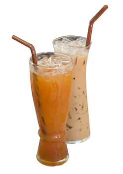 ice tea and ice coffee with  drinking straw over white background .
